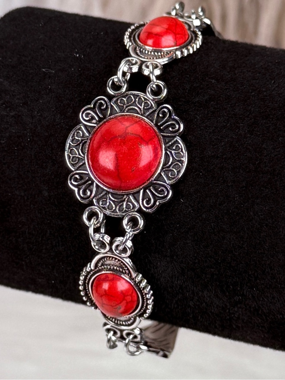 Silver Tone Red Cabochon Southwestern Style Link Bracelet Adjustable